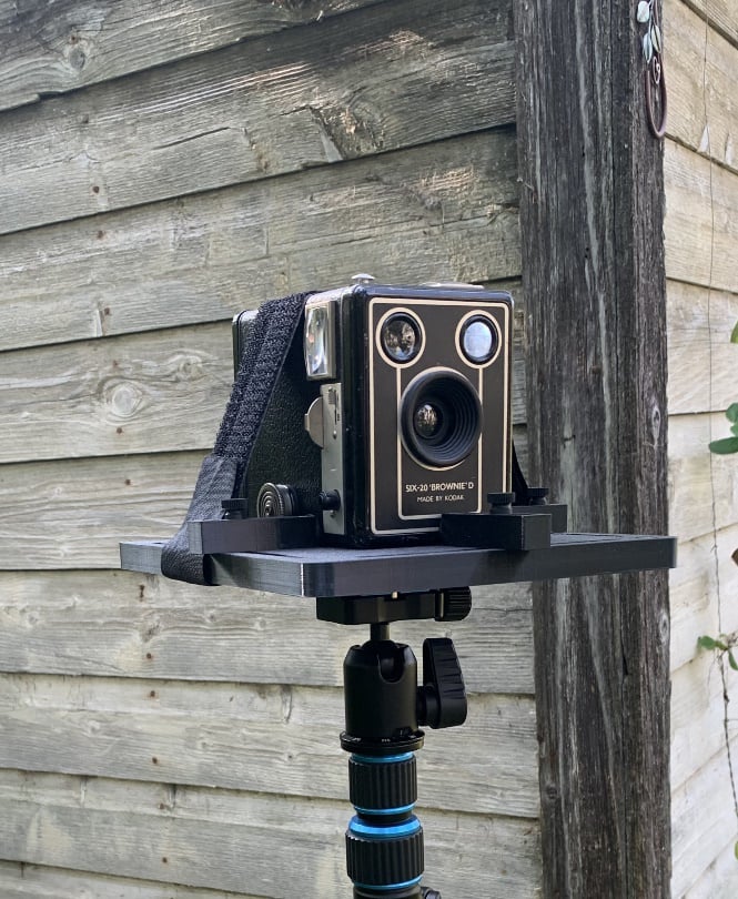 Six-20 Brownie D mounted on a tripod with the BoxTopper